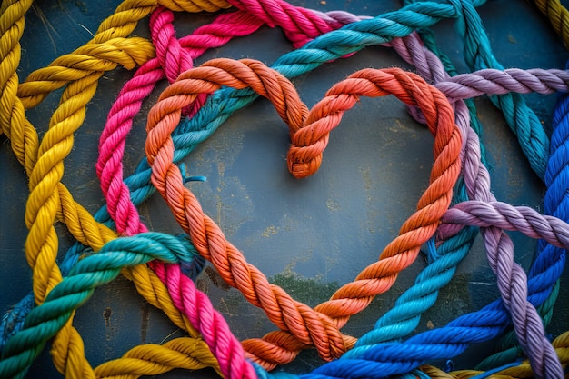 A group of colorful ropes connected together to form a love heart shape