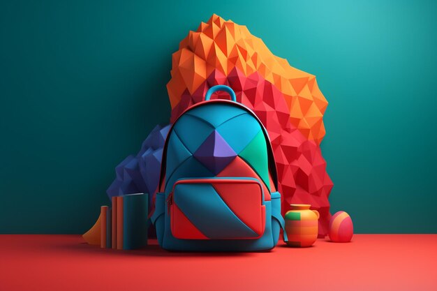 Group of colorful school backpacks standing in a row 3d rendering