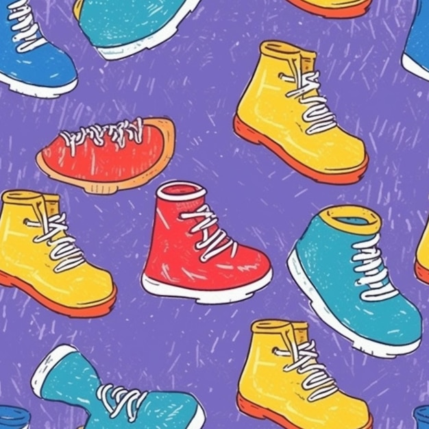 A group of colorful shoes with laces on a purple background generative ai