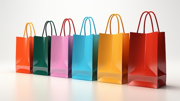 A group of colorful shopping bags with the red handles