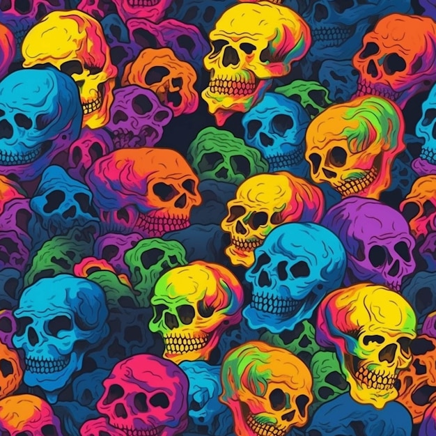 A group of colorful skulls are all over the surface generative ai