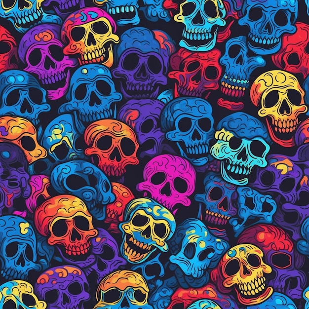 A group of colorful skulls are shown in a pattern generative ai