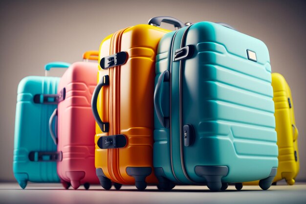 Group of colorful suitcases are lined up in row Generative AI