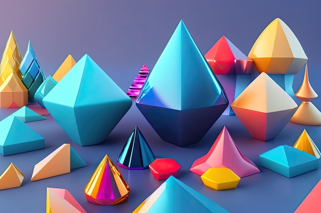 A group of colorful triangles are on a purple background.