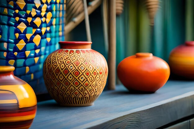 Photo a group of colorful vases are on a table.