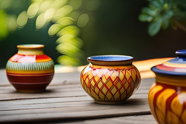 A group of colorful vases are on a wooden surface