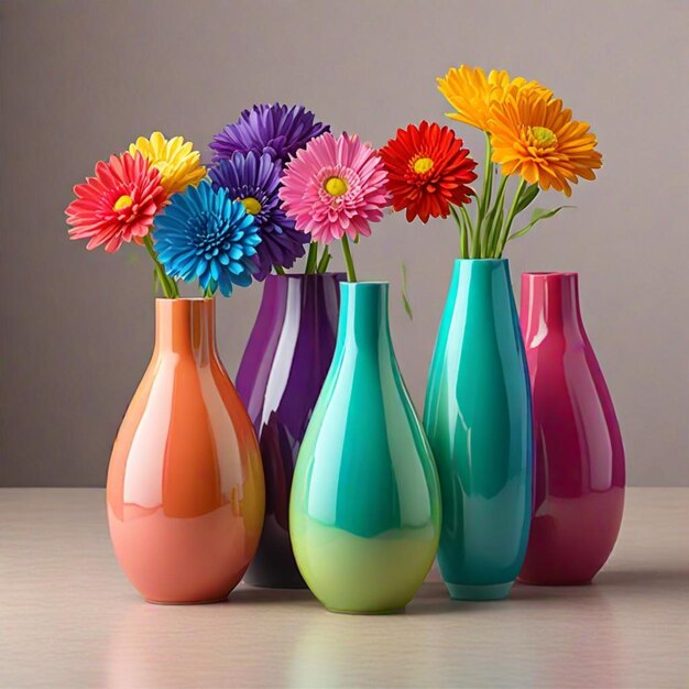 Photo a group of colorful vases with flowers in them