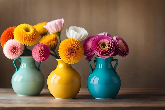 A group of colorful vases with flowers in them