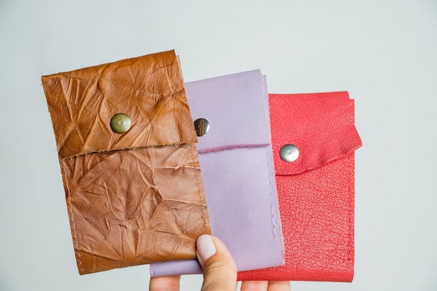 Group colorful Wallet of Leather skin on white background. Fashionable modern leather pouch