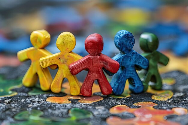 A group of colorful wooden figures standing on a surface