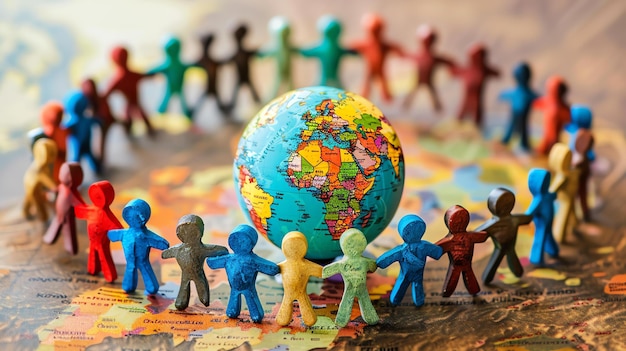 Foto un gruppo di persone di legno colorate che si tengono per mano in un cerchio attorno a un globo sullo sfondo c'è una mappa del mondo
