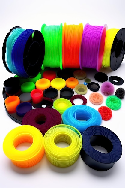 Group of colourful ABS and PLA plastic filament for 3D printer and pen on white background