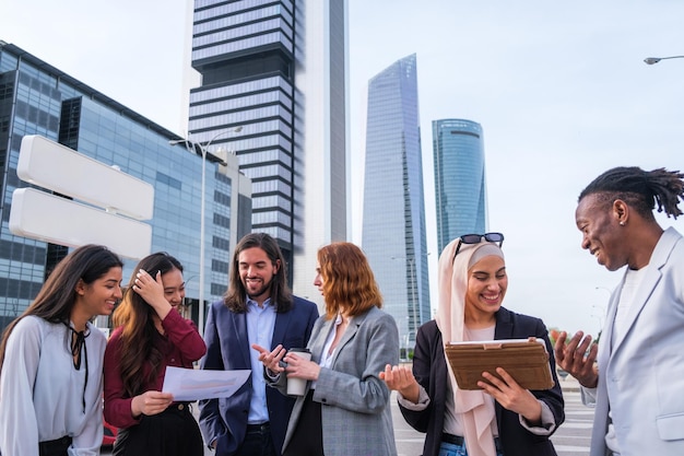 Group of company workers spending time outdoors at work