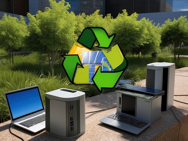 a group of computers sitting on top of a cement slab next to a green recycle sign