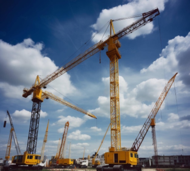 A group of construction cranes