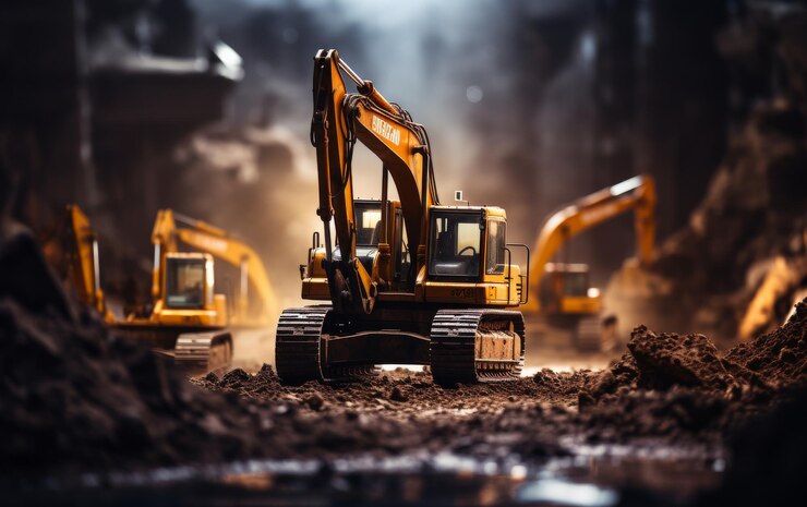 Photo a group of construction equipment parked on a mound of dirt