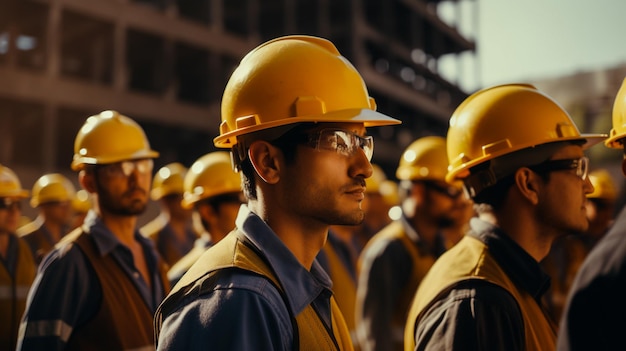 group of construction team workers in vests and hard hats for safety USA Labor Day Generative AI