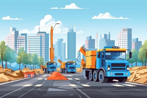 a group of construction trucks driving down a road