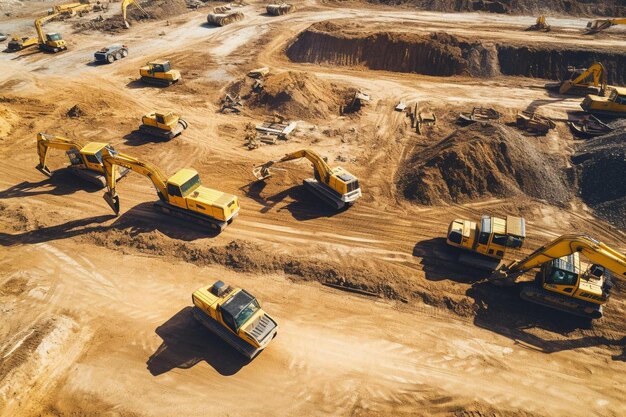 a group of construction vehicles parked in a dirt field