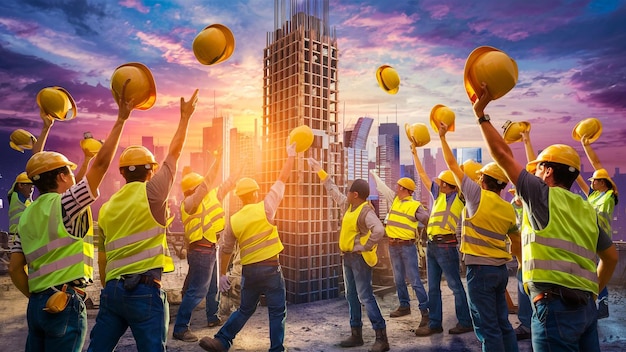 Photo a group of construction workers are throwing yellow construction cones