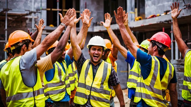 Photo a group of construction workers are wearing yellow vests and vests