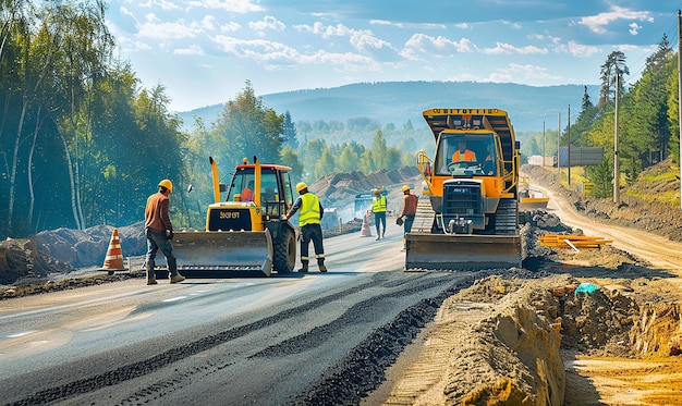 Photo a group of construction workers are working on a road