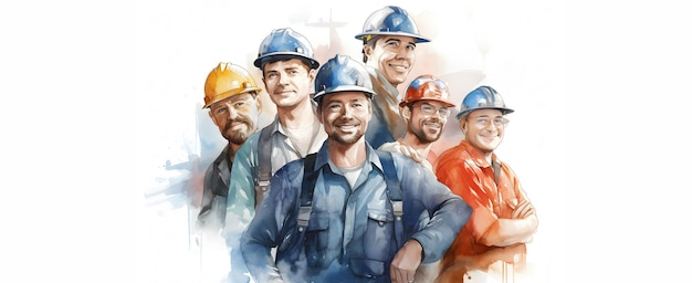 Группа строителей Команда инженеров Промышленный заводской рабочий Труд в стиле акварели