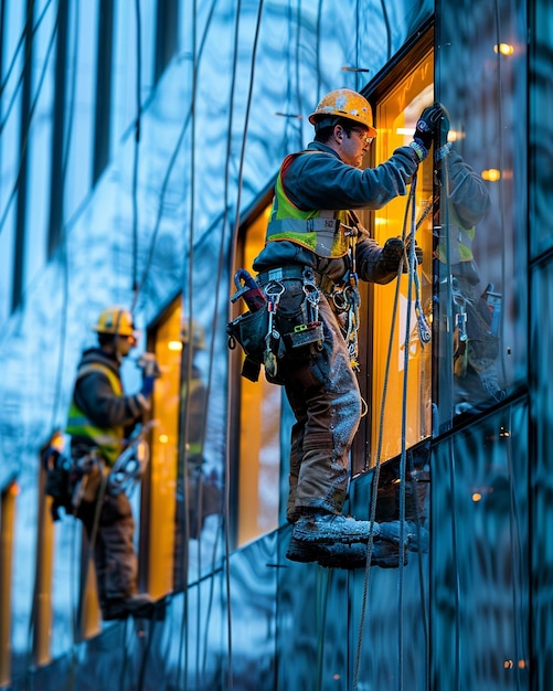 Photo a group of construction workers installing wallpaper