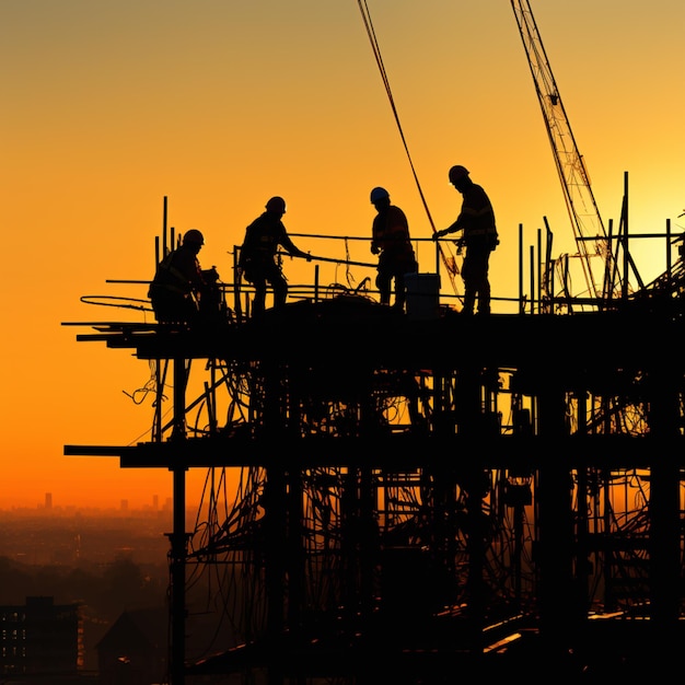 group of construction workers in silhouette working on a building with yellow background