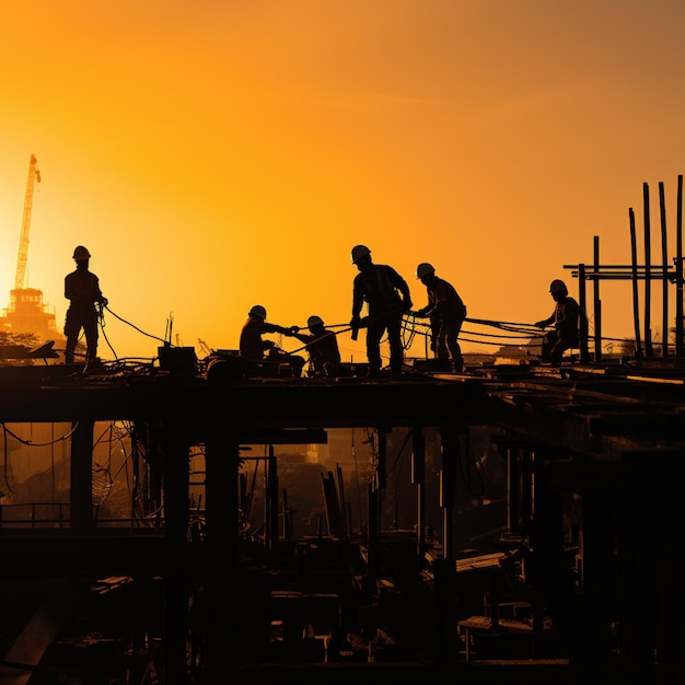 group of construction workers in silhouette working on a building with yellow background