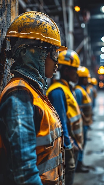 Foto un gruppo di lavoratori della costruzione in piedi l'uno accanto all'altro