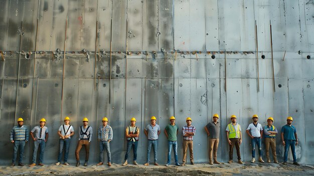 コンクリートの壁の前に立っている建設労働者のグループ