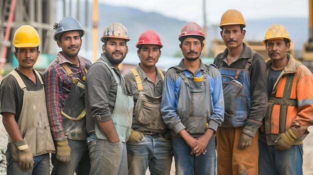Photo a group of construction workers wearing hard hats and safety gear posing for a photo they are standing in front of a building under construction