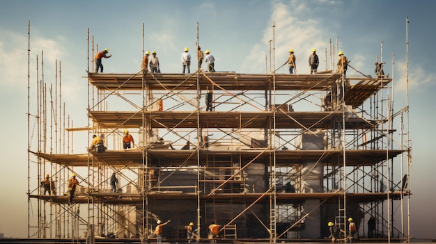 Group of construction workers working on scaffolding