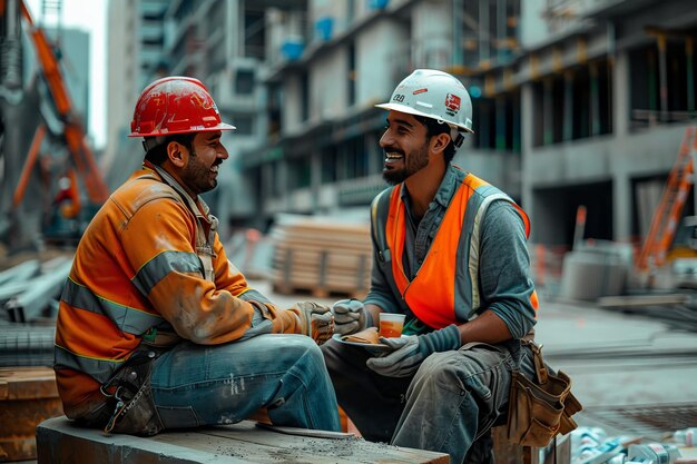 A group of construction workers working together to raise a beam into place smiling as they coordinate their efforts