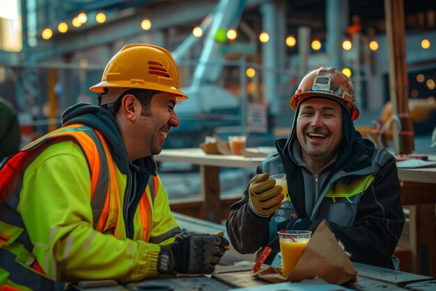 A group of construction workers working together to raise a beam into place smiling as they coordinate their efforts