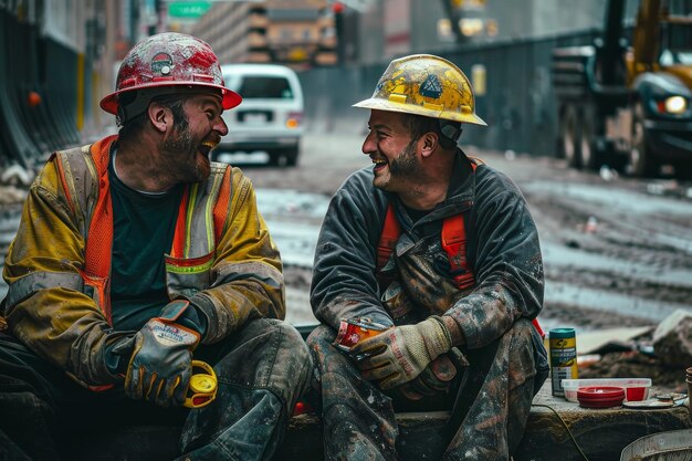 A group of construction workers working together to raise a beam into place smiling as they coordinate their efforts