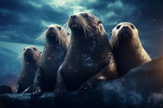 Группа космических морских львов, греющихся на плавучем 00235 00
