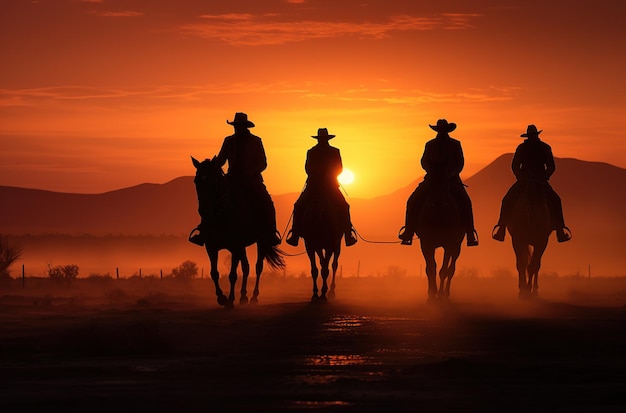 Group of cowboy riding horse at sunset