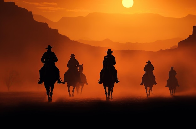 Group of cowboy riding horse at sunset