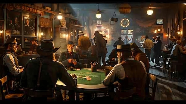 A group of cowboys are playing poker in a saloon The saloon is dimly lit and there is a lot of smoke in the air