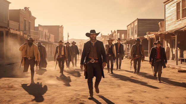 Foto un gruppo di cowboy cammina lungo una strada sterrata in una scena desertica.