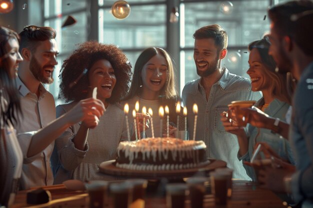 Photo group of coworkers celebrating a birthday with cak