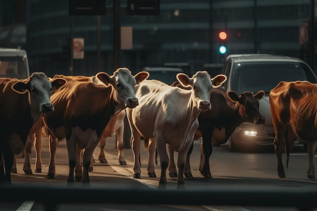 A group of cows are crossing the street in front of a van.