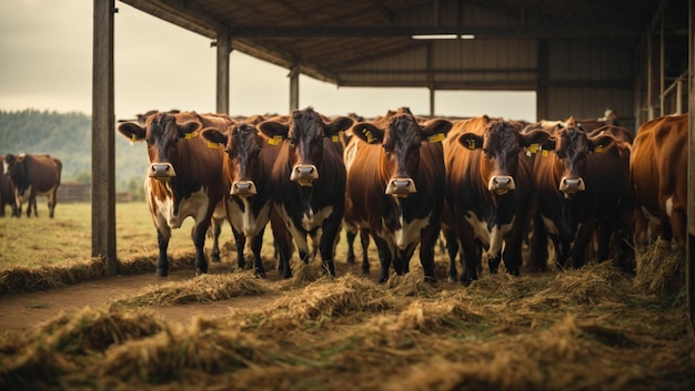 Group of cows at cowshed eating hay or fodder on dairy farm