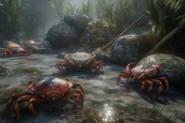 A group of crabs are on a pond.