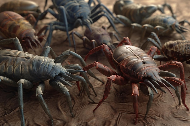 A group of crabs are on a sandy surface.