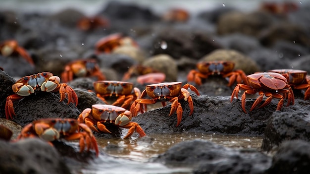 A group of crabs on a rock in the ocean