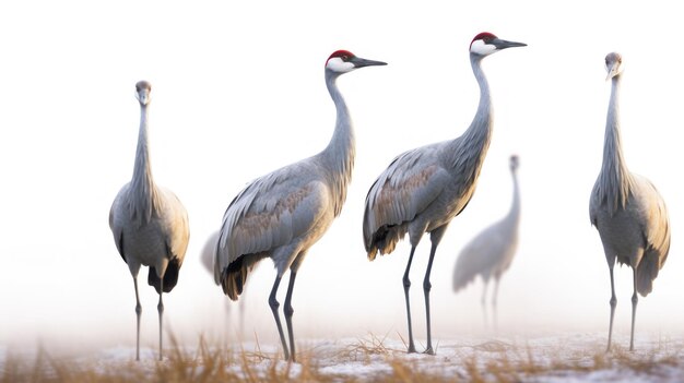 a group of cranes stand in a field.