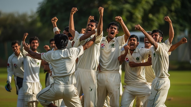 Photo a group of cricket players are celebrating a victory